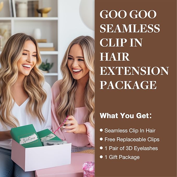 GOO GOO Clip in Hair Extensions Real Human Hair, Remy Human Hair Extensions Clip ins for Women, Natural Human Hair, 24inch 160g 7Pcs, 2C/4E/6C Brown Sugar Swirl Highlights