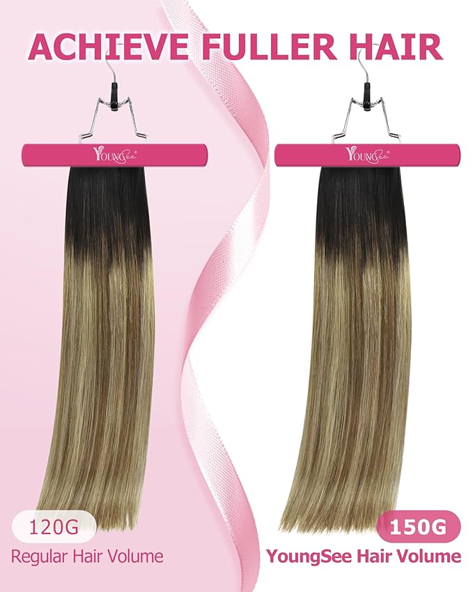 YoungSee Clip in Human Hair Extensions Dark Roots to Medium Brown Mix Blonde Balayage Real Hair Extensions Clip ins Human Hair Ombre Clip on Hair Extension for Women 16inch 120g