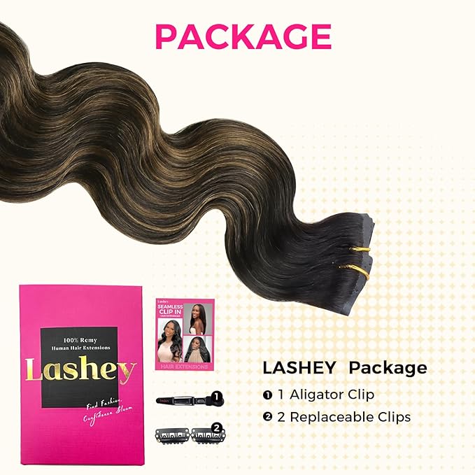 Lashey Seamless Clip in Hair Extensions Human Hair 150g 9pcs 22 Inch Body Wave Natural Black Mixed Chestnut Brown Clip in Hair Extensions for Women