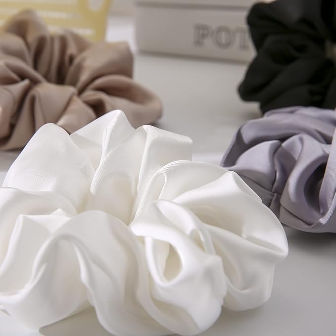 4PCS Large Silk Scrunchies for Women - Hair Elastics Handmade Scrunchie for Thick Hair Girl Hair Ties Ponytail Holders Jumbo Scrunchies (White)