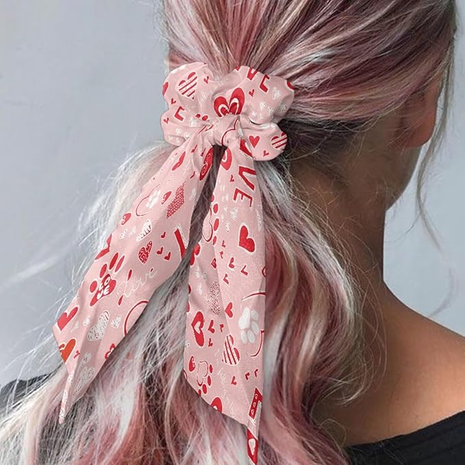 Heart Paw Print Satin Hair Ties for Thick Curly Hair Pink Knotted Bow Hair Scrunchies Soft Ribbon Scrunchy for Womens Pack of 2 for Valentine's Day
