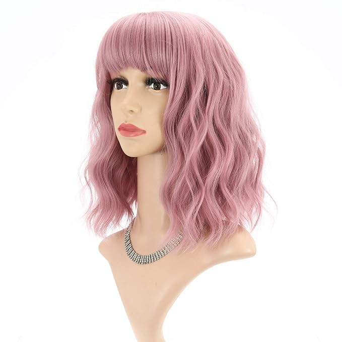 FAELBATY Short Curly Wavy Pink Wigs with Bangs Shoulder Length Synthetic Wig for Women and Girls Costume Cosplay Wigs(12" Pink)