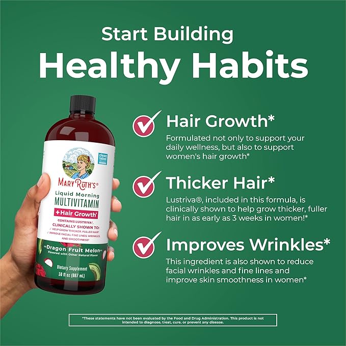 MaryRuth's Liquid Multivitamin+Hair Growth | Clinically Tested for Thicker Hair & Facial Wrinkles in Women | Biotin 10000mcg | Lustriva Hair Growth Supplement | Skin Care | Age 18+ | 30 Fl Oz