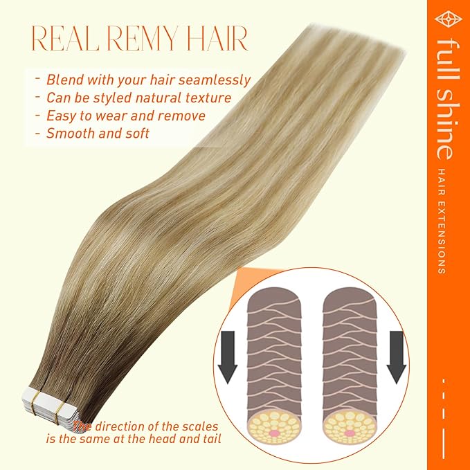 Full Shine Invisible Tape in Hair Extensions Human Hair 22Inch Seamless Hair Extensions Tape in Color 6 Fading to 27 and 60 Blonde Balayage Remy Skin Weft for Women 50G 20Pcs Natural Straight