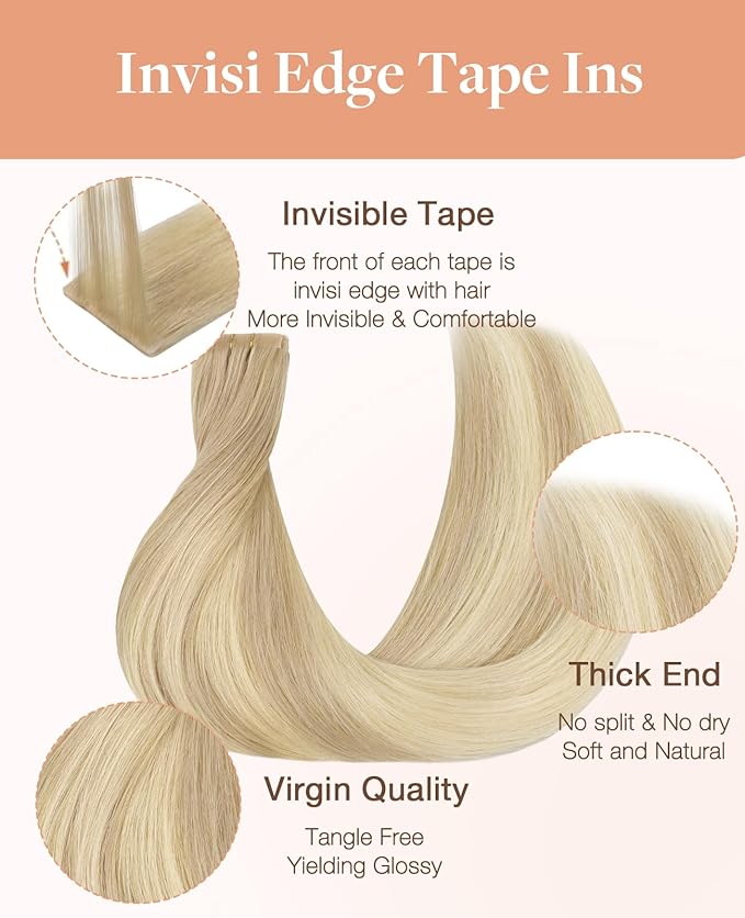 GOO GOO Invisi Edge Tape in Hair Extensions Human Hair, 18ET90A Natural Blonde Balayage, 6pcs 10inch 15g, Virgin Remy Hair, Seamless Injected Tape, Natural Look