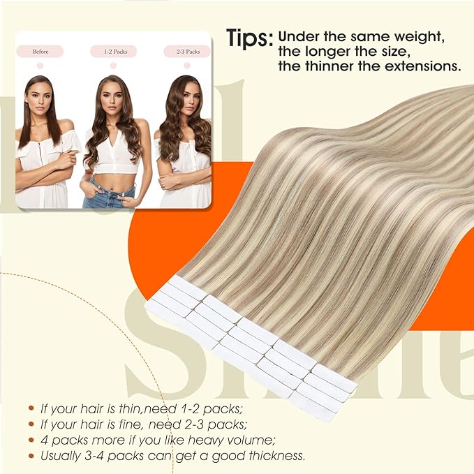 Full Shine Intact Tape Extensions Human Hair Remy Tape in Hair Extensions Color 18 Ash Blonde Highlight 613 Blonde Injection Invisible Skin Weft 20Inch Brazilian Extension Add Length 50G 20Pcs