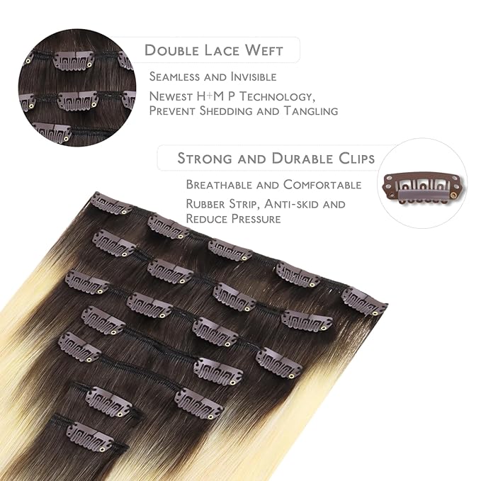 WENNALIFE Clip in Hair Extensions, 18 Inch 120g 7pcs Clip in Hair Extensions Real Human Hair, Ombre Light Dark Brown to Platinum Blonde Remy Hair