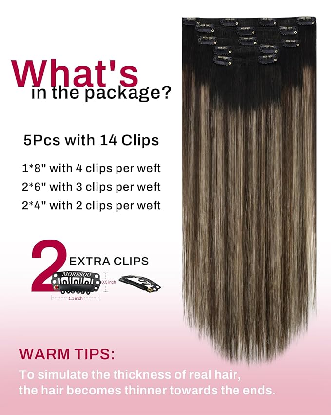 Moresoo Balayage Hair Extensions Clip in Human Hair Highlight Clip in Extensions Remy Human Hair Ombre Off Black Fading to Brown Mixed Golden 5pcs 80g 12Inch