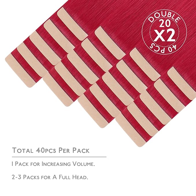 WENNALIFE Tape in Hair Extensions Human Hair, 40pcs 100g 16 inch Red Hair Extensions Real Human Hair Straight Invisible