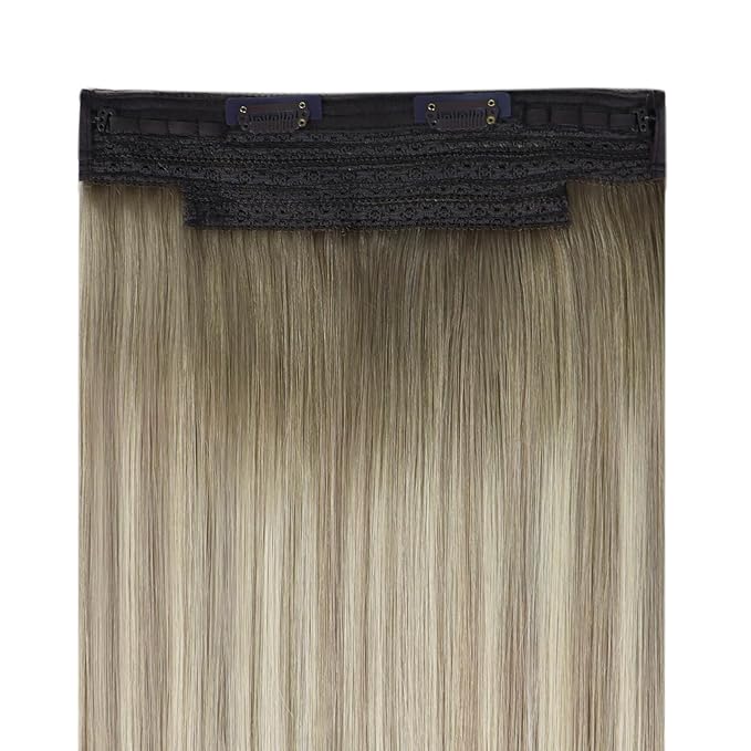 YoungSee Wire Hair Extensions Ombre Blonde Invisible Wire Human Hair Extensions Balayage Ash Blonde Ombre Platinum Blond Fish Line Hair Extension Short Straight Hair 12Inch 70G