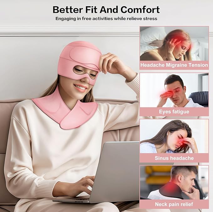 Migraine Relief Cap and Neck Ice Pack Wrap with Ice Eye Masks,3 in 1 Detachable Hot and Cold Therapy Headache Relief Cap for Headaches, Stiff Neck,Eye Fatigue, Tension and Pain Pink