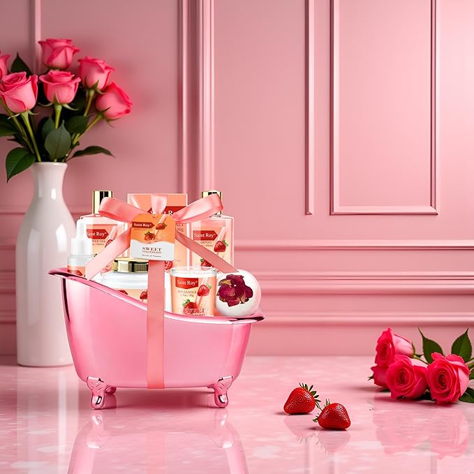 Spa Kit for Women, Bath & Body Gift Set, Luxury Home Spa Bath Gift Basket, Strawberry Scented Bath Set Christmas Gifts for Women, Pamper Gifts for Girls & Teens, Birthday Gift, Bath Self Care Gift