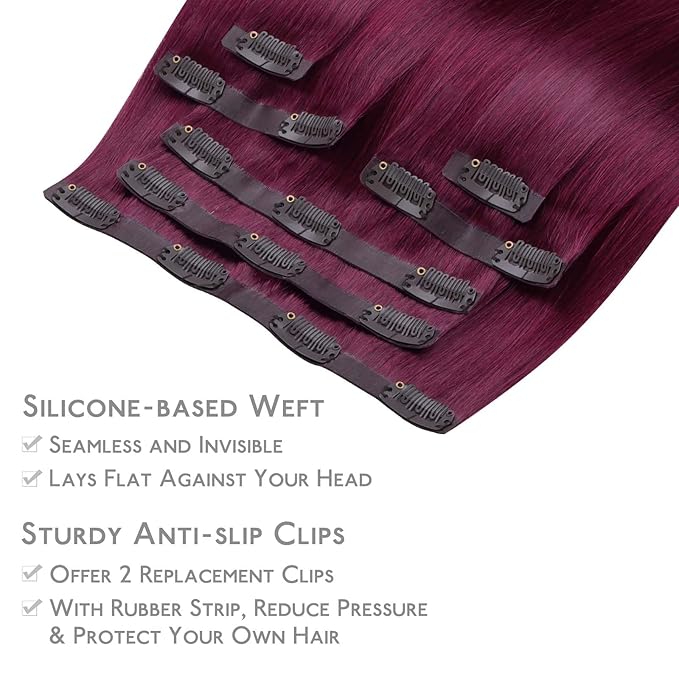 WENNALIFE Seamless Clip In Hair Extensions Human Hair, 18 Inch 130g 7pcs Light Burgundy Real Hair Extensions Clip in Human Hair Invisible PU Skin Weft Natural Remy Human Hair Extensions