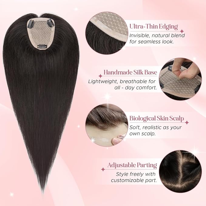 Real Human Hair Toppers for Women 3.54"*4.72" Silky Base 150% Density No Bangs Adjustable Parting Clip-In Topper Hairpieces for Women with Thinning Hair 10 Inches Natural Black