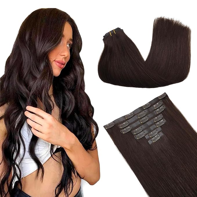 GOO GOO Clip in Hair Extensions Real Human Hair, Remy Human Hair Extensions Clip ins for Women, Natural Human Hair, 12inch 85g 7Pcs, #2A Light Brown