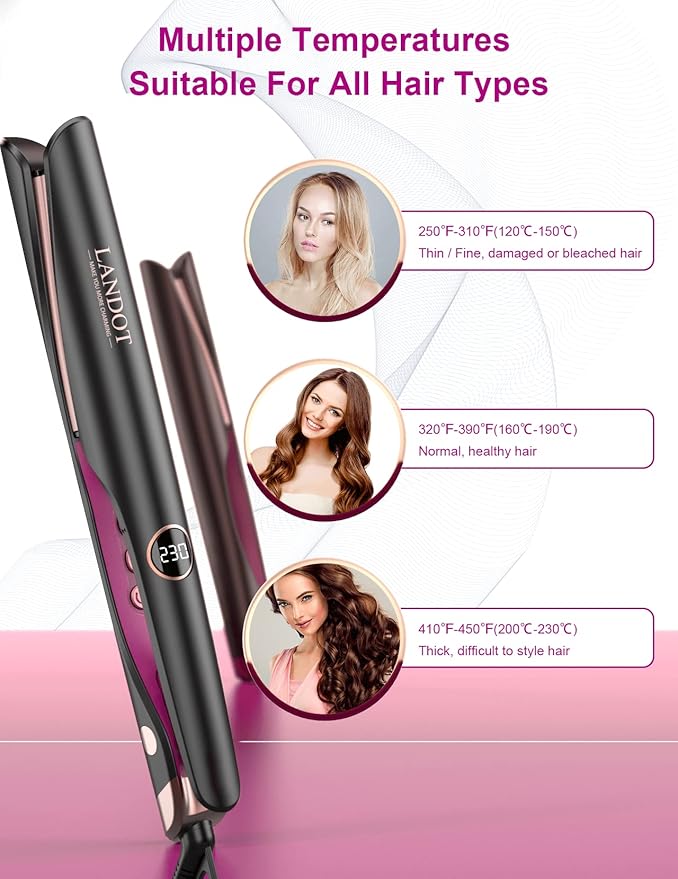 LANDOT 2-in-1 Hair Straightener & Curling Iron - Create Salon Waves, Curls & Straight Styles at Home | Floating Plates, Anti-Frizz & Tangle-Free | Dual Voltage, Temp 250-450°F for All Hair Types