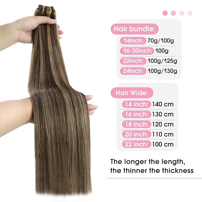YoungSee Weft Hair Extensions Human Hair Brown Blonde Sew in Hair Extensions Dark Brown Mix Caramel Blonde Highlights Human Hair Weft Extensions for Full Head 20Inch 100G