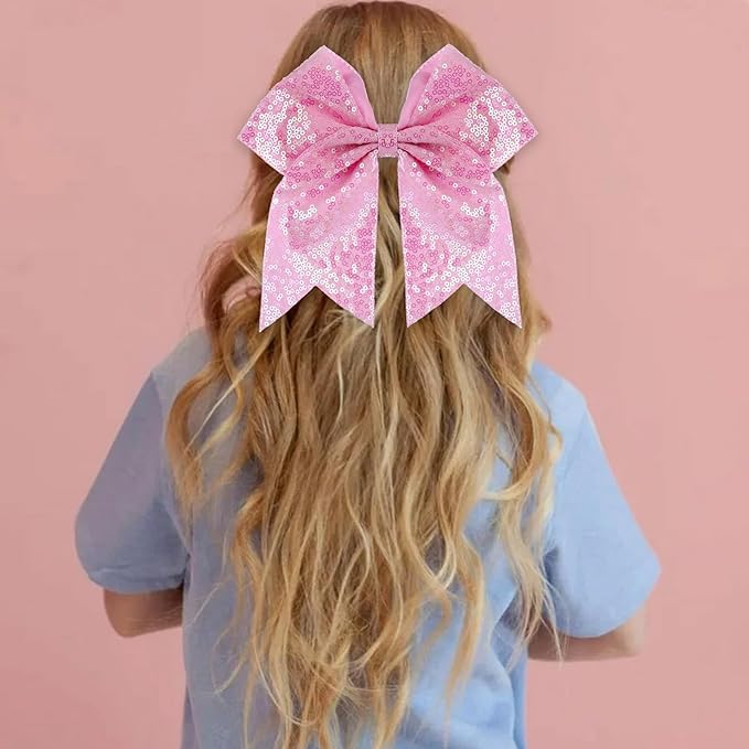Large Glitter Cheer Bows Clips, Jumbo Big 7 Inch Cheerleading Sequin Hair Bow Hair Accessories for Teens Girls Football Sports Cheerleader Outfit Uniform (Pink)