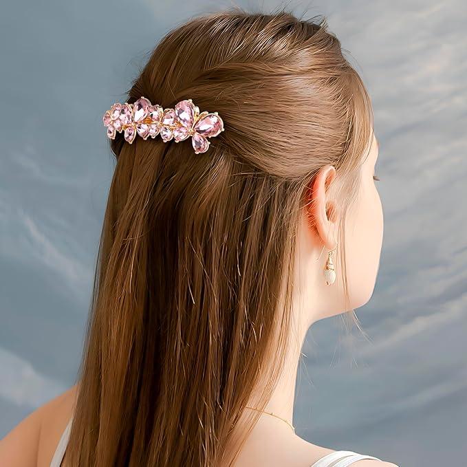 Joez Wonderful Rhinestone Hair Clips, Bridal Hair Accessories for Women, Sparkly Crystal Hair Pins, Fancy Hair Barrettes for Wedding, Bride, Long Hair (Pink Butterfly, 1 Pcs)