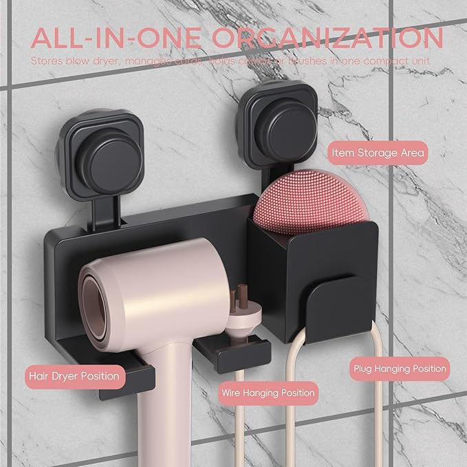 Hair Dryer Holder Wall Mounted - ABS Plastic Blow Dryer Holder Hair Tool Organizer with Wire/Plug Management, Self-Adhesive Design for Bathroom Cabinet Salon Home (Deluxe)