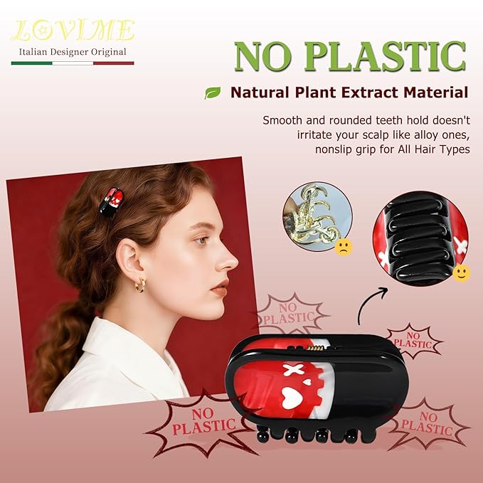 Italian Designer Original Mini Hair Claw Clips for Women - Gothic Hair Accessories-Pill, Nonslip Plant-Based Acetate, Gift Box, Daily/Party