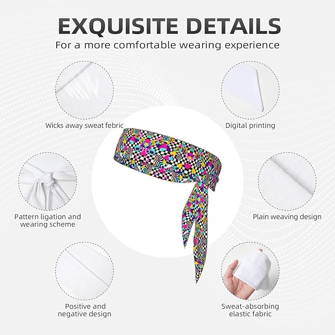 Men's Women Black And White Checkered Retro 80S 90S Sports Sweatbands Multipurpose Novelty Head Ribbon Headdress for Yoga Workout Shower