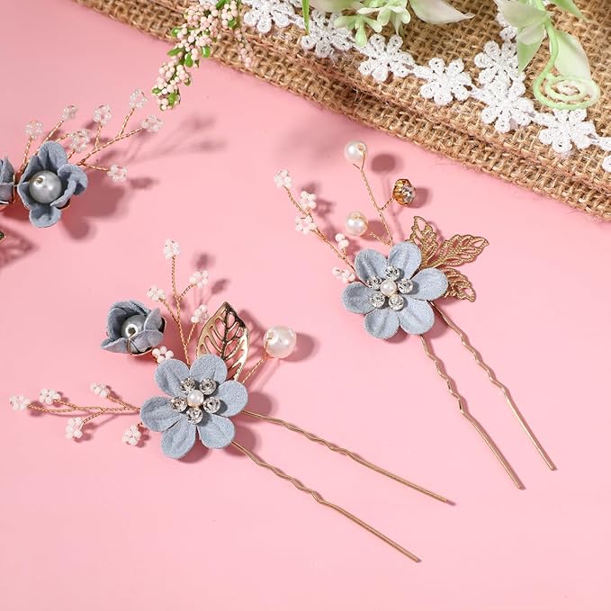 Wedding Flower Hair Accessories for Women: 4pcs Leaf and Flower Hair Combs for Women Accessories - Crystal Pearl Wedding Flower Clips Headpiece for Brides Bridesmaids Girls Updo (Blue)