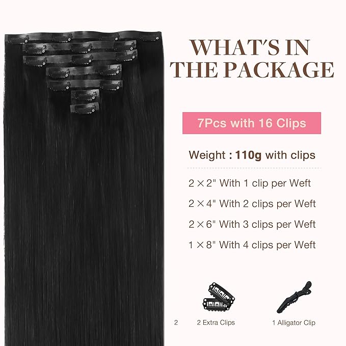 GOO GOO Clip in Hair Extensions Real Human Hair, Remy Human Hair Extensions Clip ins for Women, Natural Human Hair, 14inch 110g 7Pcs, 1B Natural black