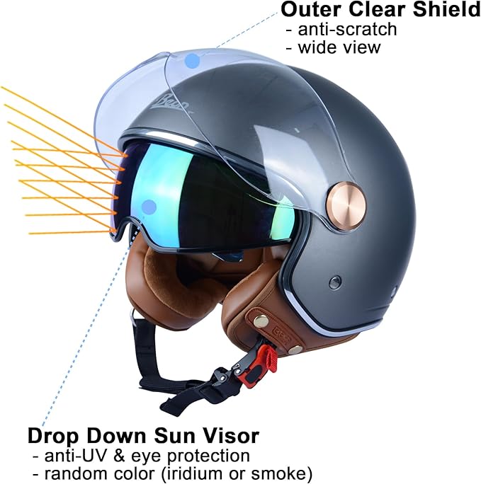 Open Face Motorcycle Helmet for Adults, DOT Approved,3/4 Retro Vespa Helmet, Dual Visors Men's and Women's Motorbike Casco for Moped Cruiser Bobber and Chopper