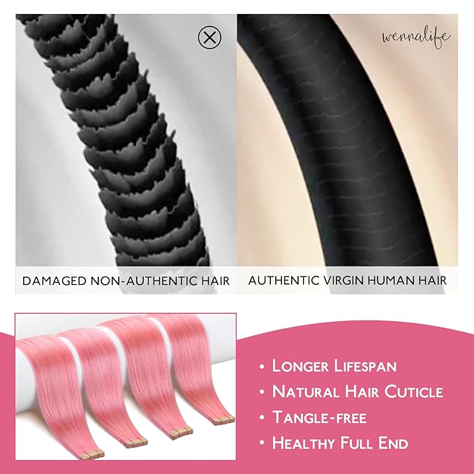 WENNALIFE Tape in Hair Extensions, Human Hair Peach Pink, 10pcs 20g 10 inch Remy Invisible Tape, Straight Colored Soft Real Human Hair Refill Set