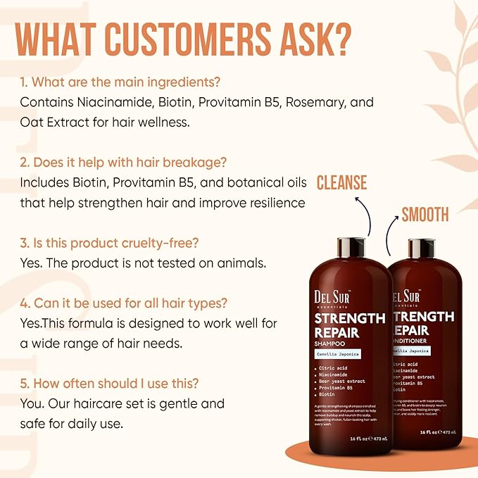 DEL SUR Hair Strengthening Shampoo and Conditioner Set | 16 fl oz Each | with Camellia Japonica, Niacinamide, Provitamin B5 & Biotin | Repair & Hydration for Dry, Weak Hair