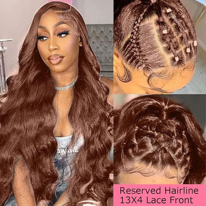 200% Density Chocolate Brown Human Hair Wigs 13x4 Body Wave Lace Front Wig Pre Plucked Chestnut Brown Colored Human Hair Wigs For Women HD Transparent Lace Front Wig 28 Inch