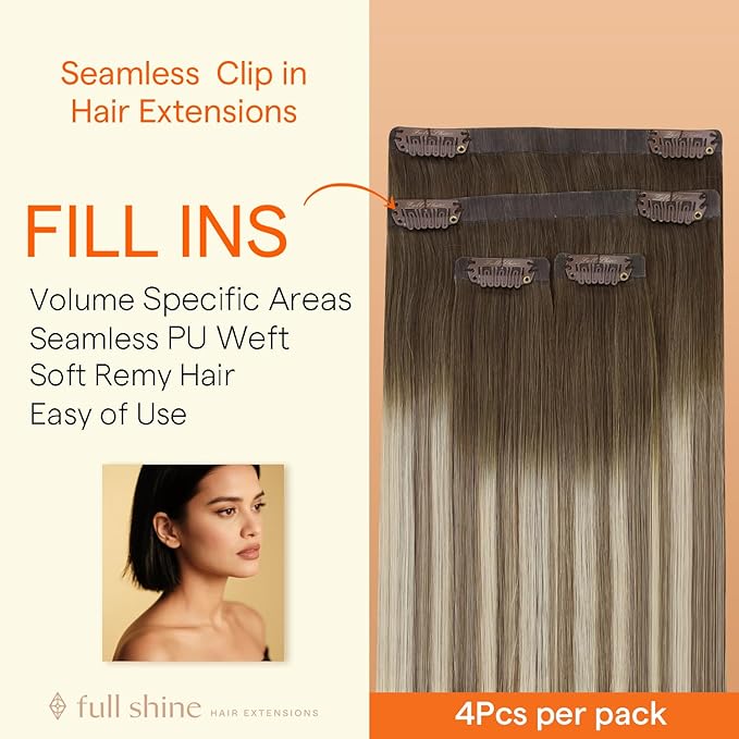 Full Shine Dark Brown Seamless Clip In Hair Extensions, Brown to Ash Brown Highlight Medium Blonde Balayage Clip ins, PU Skin Weft Natural Remy Human Hair Extension, Coverage 4Pcs 20Inch 95 Grams