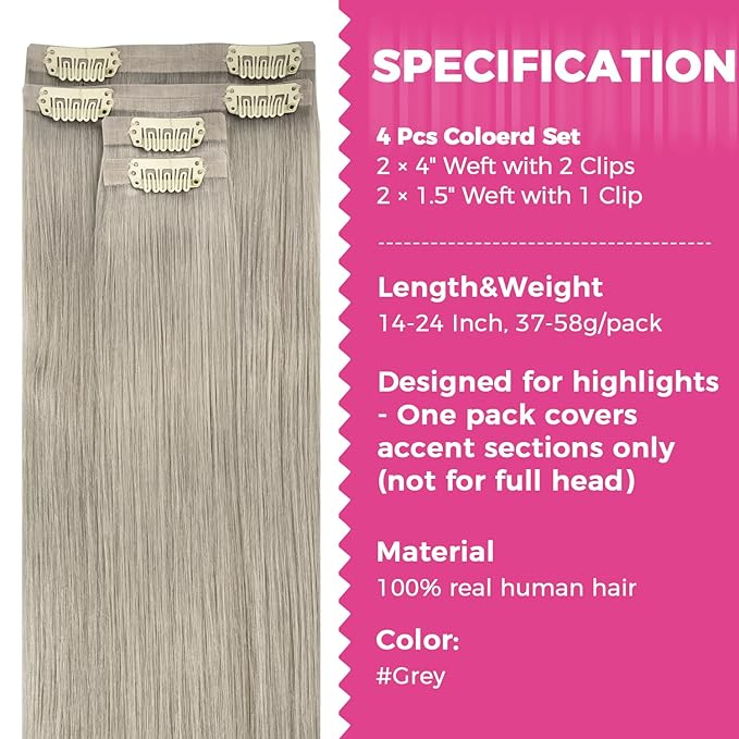 Lashey Seamless Clip in Hair Extensions Human Hair 4pcs 50g Grey 22 Inch Long Straight Clip in Hair Extensions Human Hair with Invisi Edge