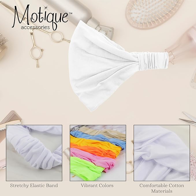 Motique Accessories White Wide Cotton Head Band Solid Boho Yoga Style Soft Hairband