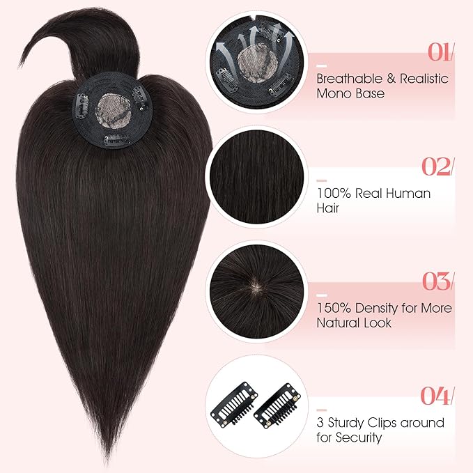 Hairro Mono Hair Toppers with Bangs, 3.4" x 3.4" Mono Base 100% Real Human Hairpieces for Women, 150% Density Clips In Topper for Greyish Thinning Hair, 18 Inch Natural Black