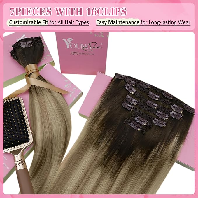 YoungSee 135G Clip in Hair Extensions Real Human Hair Ombre Brown Clip in Human Hair Extensions Walnut Brown Ombre Light Brown with Blonde Balayage Clip ins Hair Extension 18inch 7pcs