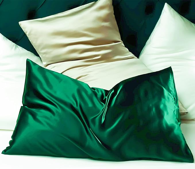 Green Silk Pillow Cases Made in USA, Oeko-TEX Certified 22 Momme Mulberry Silk Pillowcase for Hair and Skin Standard Size with Zipper, Anti Wrinkle,1 Pcs 20"x26" (Standard, Emerald)