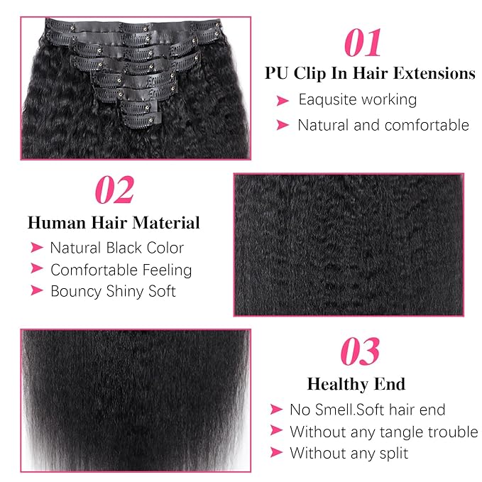 24 Inch Seamless Kinky Straight Clip Ins Hair Extensions PU Weft Kinky Straight Clip In Hair Extensions Real Human Hair Extensions 8pcs with 18Clips Per Set 120g