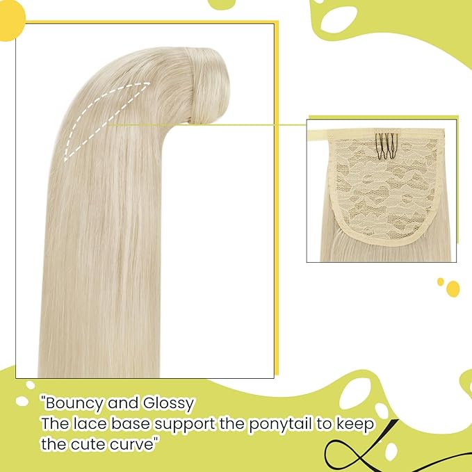 RUNATURE Ponytail Extension Human Hair, Real Hair Ponytail Extension with Magic Paste, Straight Blonde Hair, Tangle Free for Daily Wearing, 14 Inch 70g #800 Platinum Blonde