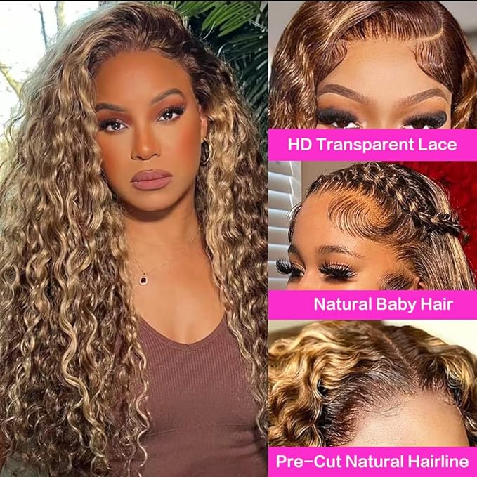24inch Highlight Ombre Lace Front Wig Human Hair 13x6 HD Honey Blonde 4/27 Deep Wave Lace Frontal Wigs Glueless Wigs Human Hair