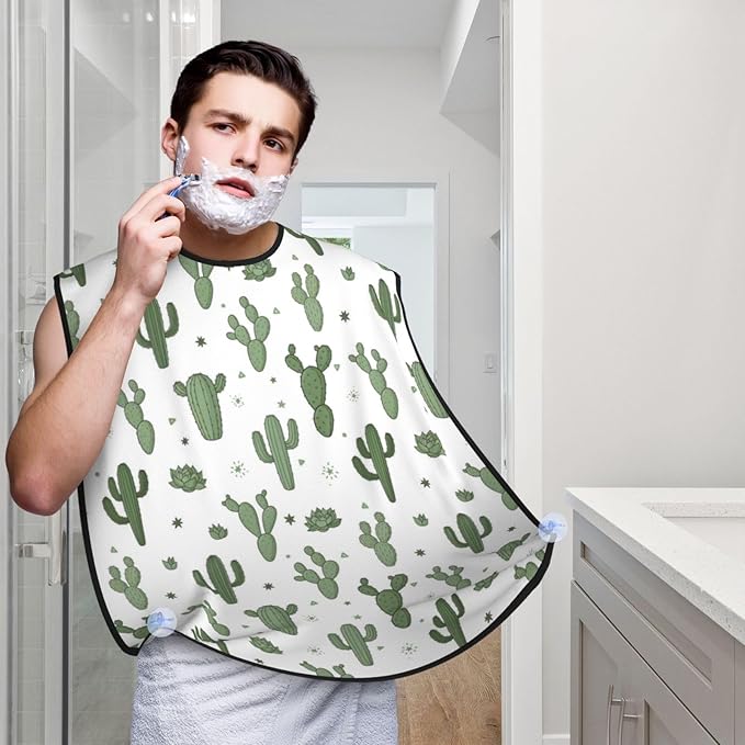 Adjustable Non-Stick Beard Apron, Hair Catcher Cape for Shaving Grooming, Waterproof with Suction Cups Men, Floral Cactus Shave Bib