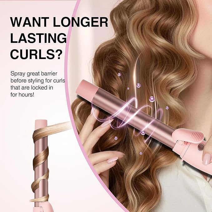 Extra-Long Barrel Rotating Curling Iron with Short Clamp, Automatic Curling Iron 1 Inch Creates Loose Curls – for Medium and Long Hair, High Heat 410°F, Instant Heat up, Double Ceramic, Dual Voltage