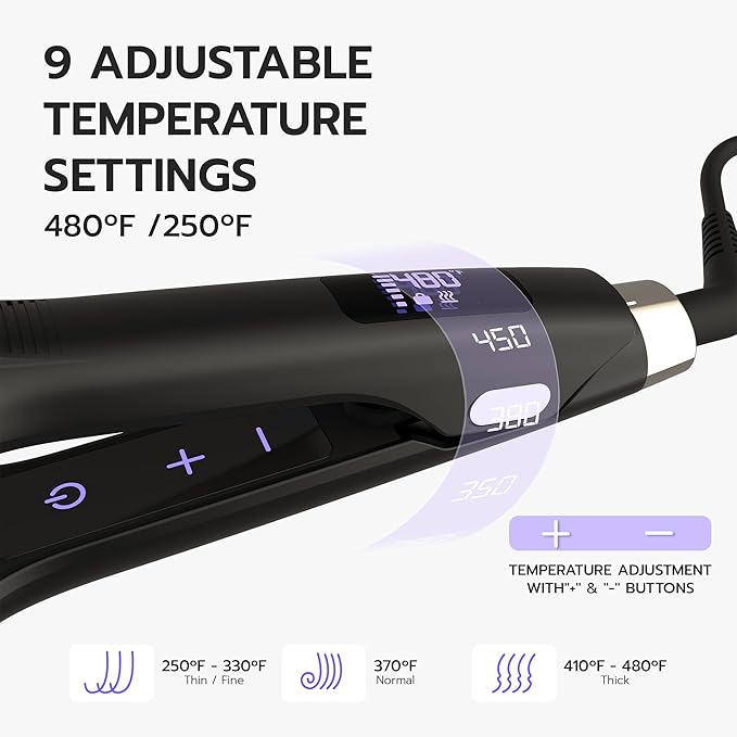 iQUE Flat Iron Hair Straightener & Curler 2-in-1 | Titanium Plates with Ionic Function | Heats in 2 Sec | Adjustable Temp up to 480°F | LCD Display | Dual Styling Tool | Dual Voltage 100-240V | 1.75"