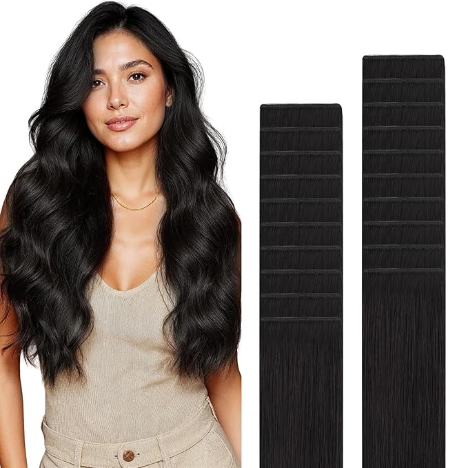 GOO GOO Genius Tape in Hair Extensions, Hand Tied Tape Weft, 1B Natural black, 14inch 50g 20pcs, Remy Human Hair, Seamless Invisible Tape, Natural Blend, Lightweight