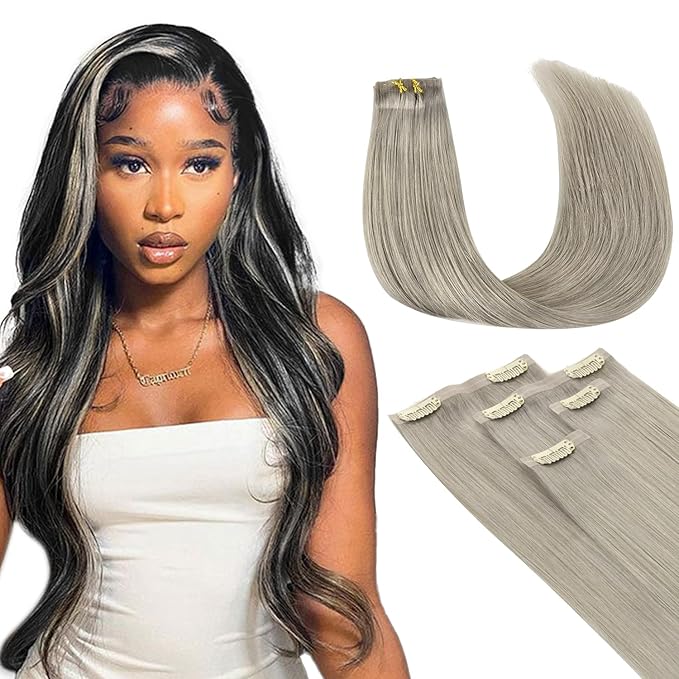 Lashey Seamless Clip in Hair Extensions Human Hair 4pcs 50g Grey 22 Inch Long Straight Clip in Hair Extensions Human Hair with Invisi Edge