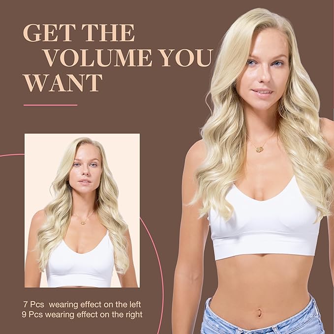 GOO GOO Clip in Hair Extensions Real Human Hair, Remy Human Hair Extensions Clip ins for Women, Natural Human Hair, 20inch 150g 9Pcs, 17A/60A Ash Blonde Highlighted Platinum Blonde