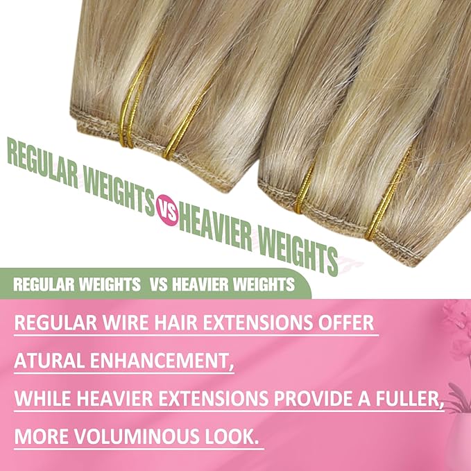 YoungSee Invisible Wire Hair Extensions Blonde Highlight Wire Hair Extensions Real Human Hair Golden Blonde Highlights Light Blond Human Hair Fish Line Extensions for Women 14In 80G
