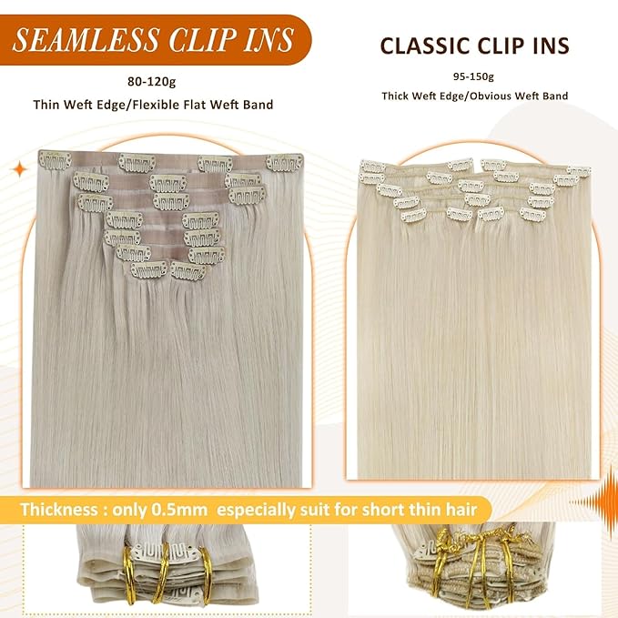 Full Shine Human Hair Clip in Extensions Blonde Seamless Hair Extensions Clip in Invisible Blonde Extensions Clip in PU Weft for Women Full Head 14 Inch 8 Pcs 120 G