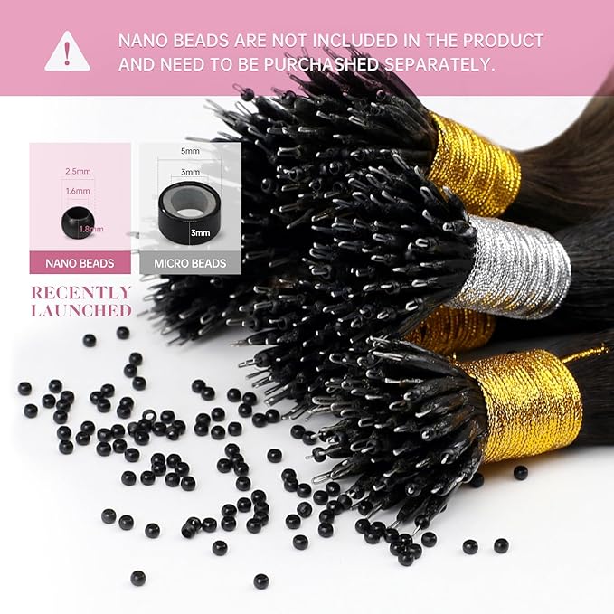 YoungSee Nano Ring Hair Extensions Real Human Hair Black 20 inch Nano Beads Hair Extensions Black Nano-link Hair Extension Human Hair Long Straight 1g/s 50g for Instant Length